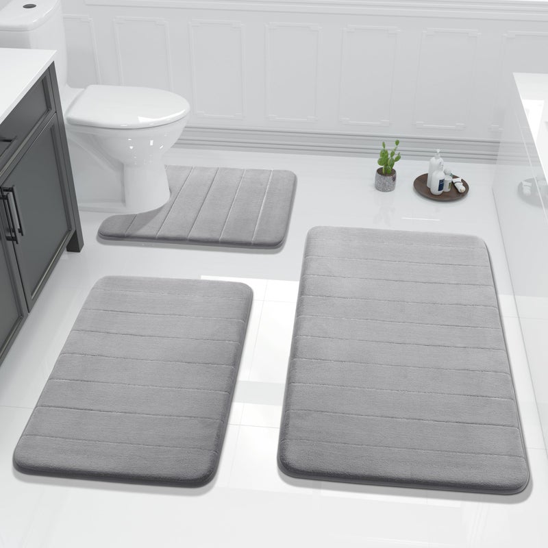 Yimobra 3 Pieces Memory Foam Bath Mat Set with U-Shaped Toilet Rug - Non Slip Super Soft Absorbent Quick Dry Bathroom Rugs for Bathtub, Vanity & Toilet Base, Gray - Image 1